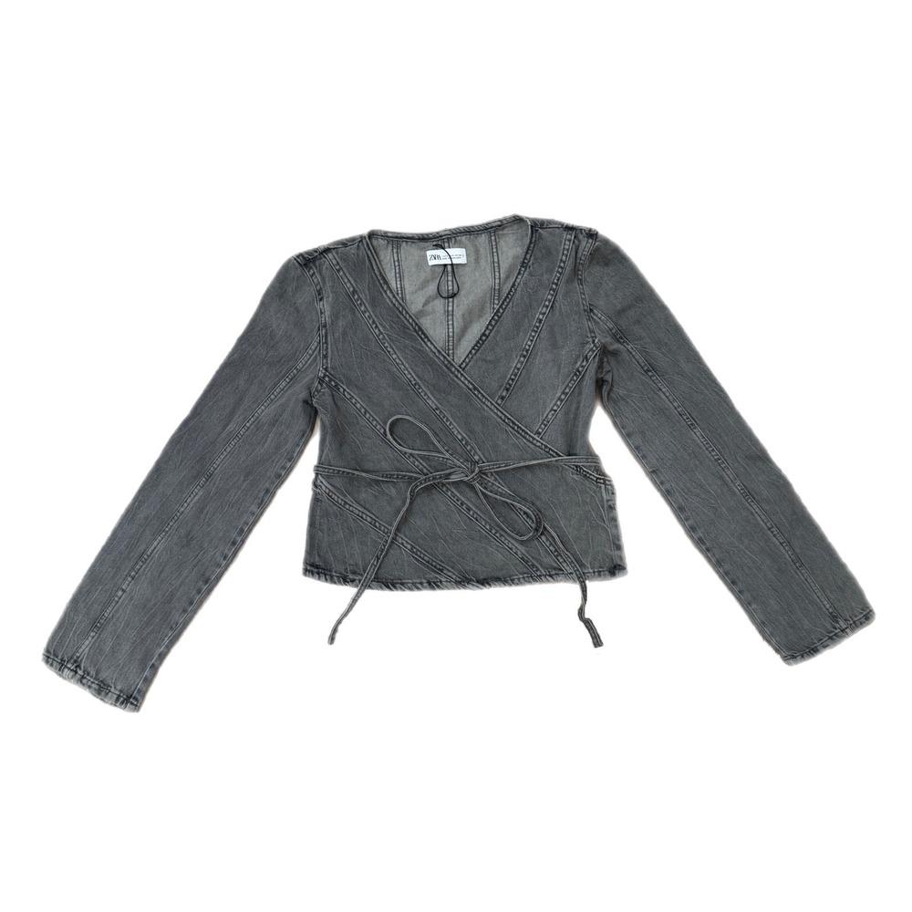 Zara Womens Grey Denim Wrap Top V-Neck Long Sleeve Tie Waist Size Small